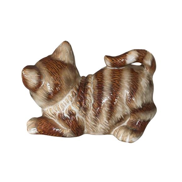 Vintage Cat Kitty Ceramic Cute Orange Tabby Cat w/ Yellow Stripes Figurine - Picture 2 of 5